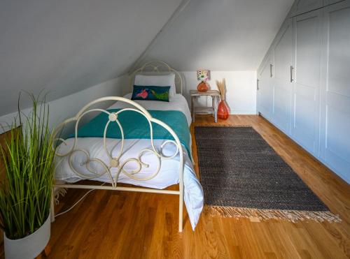 1 dormitorio con cama y alfombra en Halwell Lodge, en St Ives