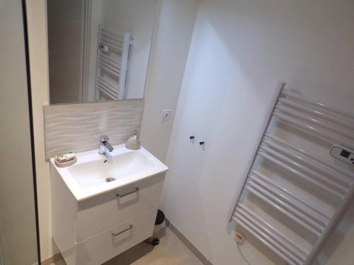 La salle de bains blanche est pourvue d'un lavabo et d'un miroir. dans l'établissement Appartement 2/4 pers, 44m2, hypercentre., à Lons-le-Saunier