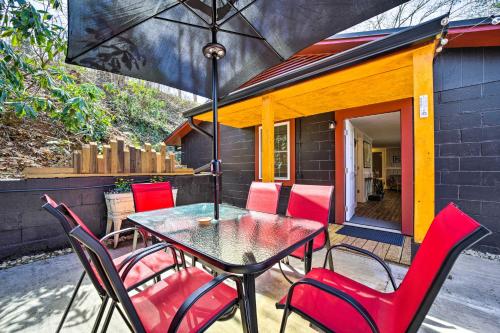 a patio with a table and chairs and an umbrella at Multi-Unit Brevard Vacation Rental with Patio! in Brevard