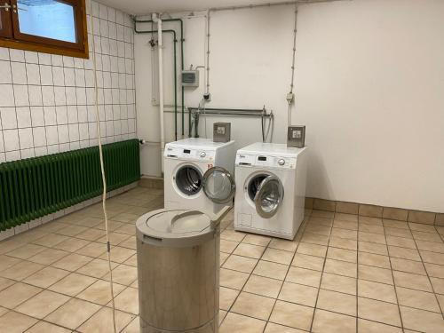 a bathroom with a washing machine and a washer at Ferienwohnung Familienglück in Sankt Englmar