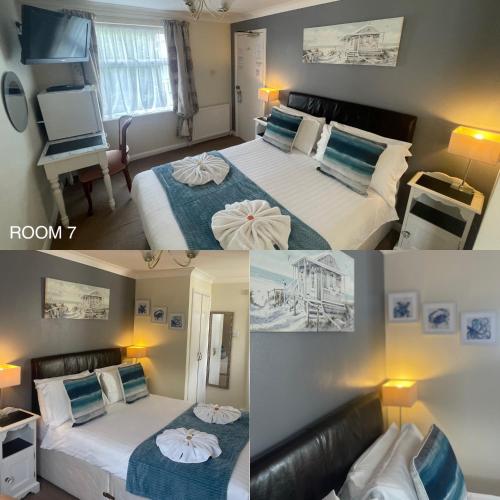 three pictures of a bedroom with two beds and a room at The Southbourne Villa in Torquay
