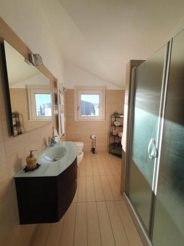 La salle de bains est pourvue d'un lavabo et d'une douche. dans l'établissement B&B Casa Sara, à Cassano dʼAdda