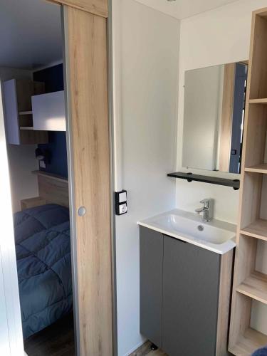 une salle de bain avec un lavabo, un miroir et un lit dans l'établissement A l ombre des pins 40 Mobil home 211, à Saint-Julien-en-Born