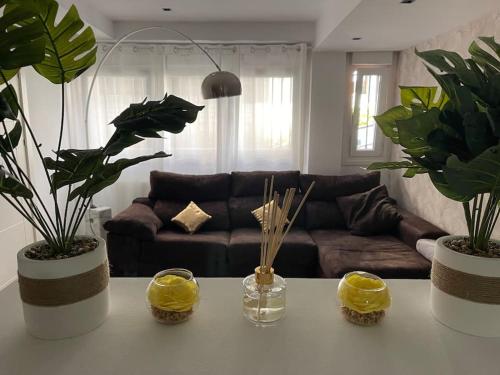 una sala de estar con una mesa con tres plantas en Kukis Duplex Beach near Bilbao, en Getxo