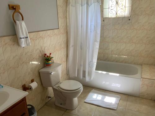 a bathroom with a toilet and a tub and a sink at Poinciana House in Montego Bay