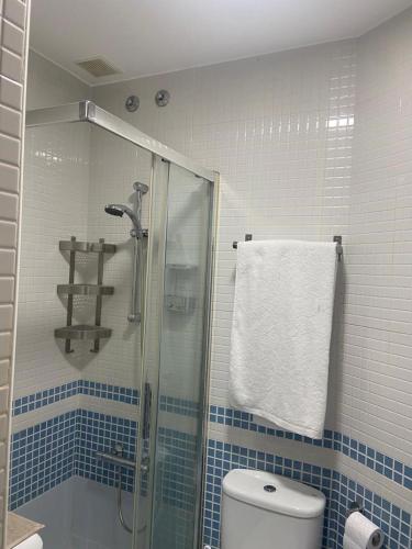 a bathroom with a shower and a toilet and a towel at Apartamento casco histórico in Zamora