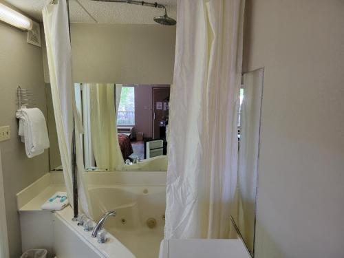 a bathroom with a shower and a sink and a mirror at Studio 9 Inn & Suites in Decatur