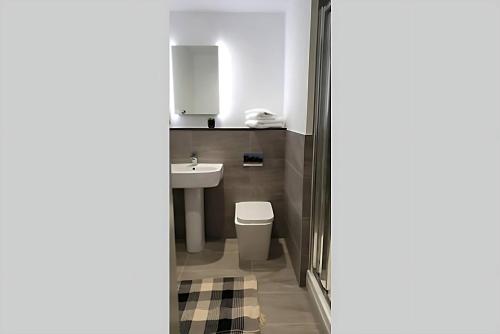 een kleine badkamer met een wastafel en een toilet bij Snuggle Flat in Sheffield in Sheffield