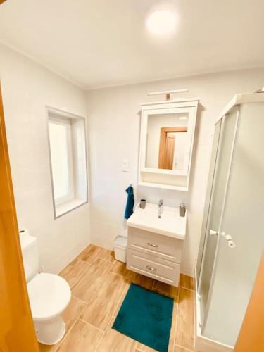 La salle de bains est pourvue d'un lavabo, de toilettes et d'un miroir. dans l'établissement Harmony and Peace central Szeged, à Szeged