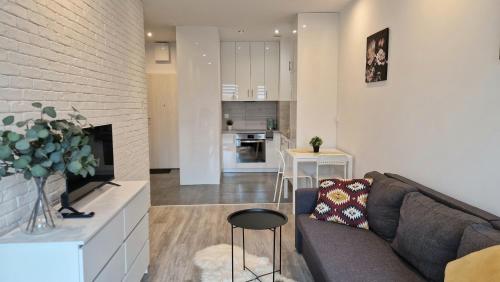 a living room with a couch and a kitchen at Apartament Czechowska Comfort in Lublin