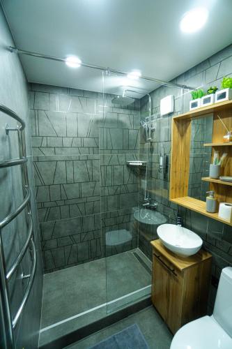 a bathroom with a shower and a toilet and a sink at Tokhtarov Apartment in Ustʼ-Kamenogorsk