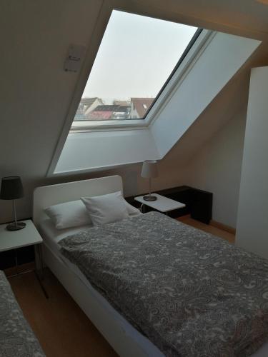 um quarto com uma cama e uma grande janela em Ferienwohnung Jule II em Grenzach-Wyhlen