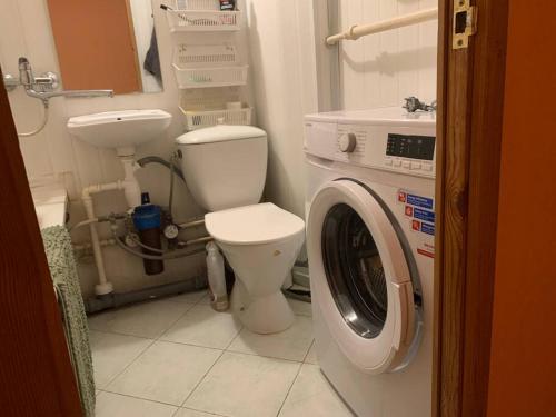 ein Badezimmer mit einem WC und einer Waschmaschine in der Unterkunft Minties Street big 47 square meters apartment for 1-5 persons in Vilnius