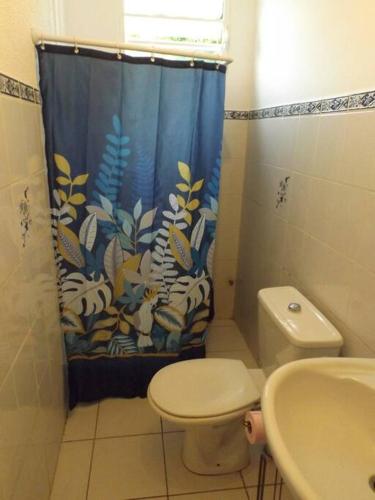 a bathroom with a toilet and a shower curtain at Aux portes de la Soufrière, Baillif in Baillif