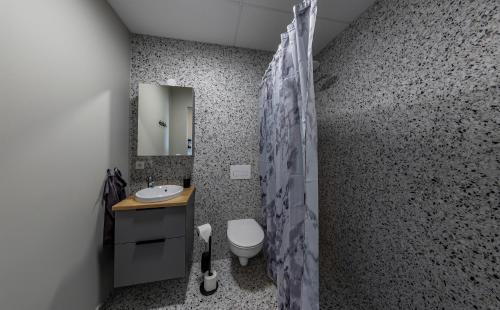 a bathroom with a sink and a toilet and a mirror at Iceland SJF Apartments - 503 in Reykjavík