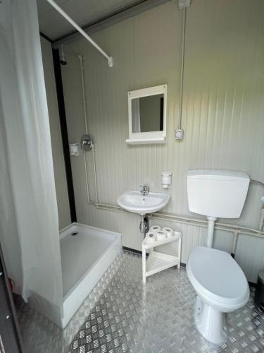 a bathroom with a toilet and a sink and a tub at I Falchi Pellegrini - Bungalow e Tenda in Monzuno