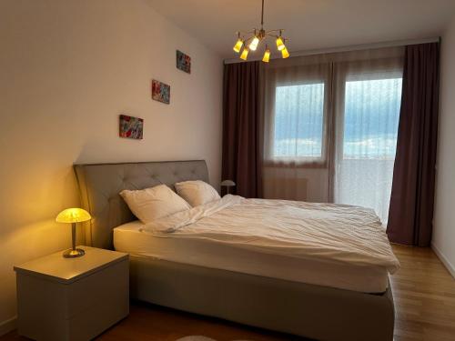 - une chambre avec un lit, une lampe et une fenêtre dans l'établissement Central Apartment, à Timişoara