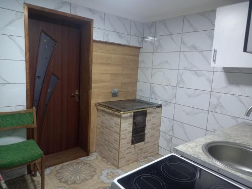 a small kitchen with a stove and a sink at Будиночок Мойсейчуків in Krivorovnya