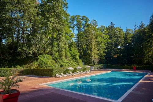 a swimming pool with lawn chairs and trees at Bungalow climatisé dans un bel écrin de nature in Saint-Chéron