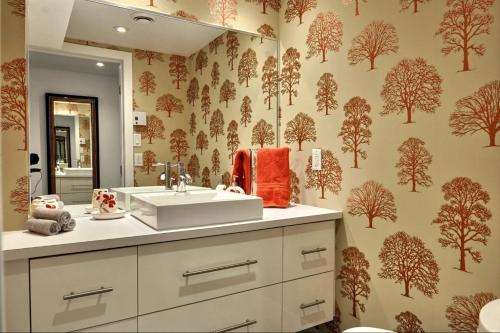 W łazience znajduje się umywalka i lustro. w obiekcie Les Immeubles Charlevoix - Le 1180 w mieście Quebec City