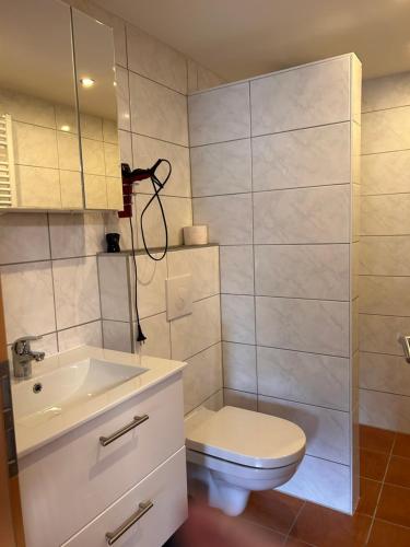 a bathroom with a toilet and a sink at Pension Kleiner in Eging