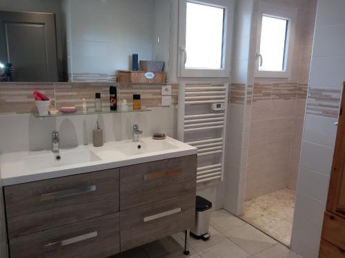 une salle de bain avec un lavabo et une douche dans l'établissement Le refuge de Sissou, à Pontevès