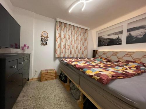 a bedroom with a bed and a dresser and a television at Garden City Appartement in Salzburg