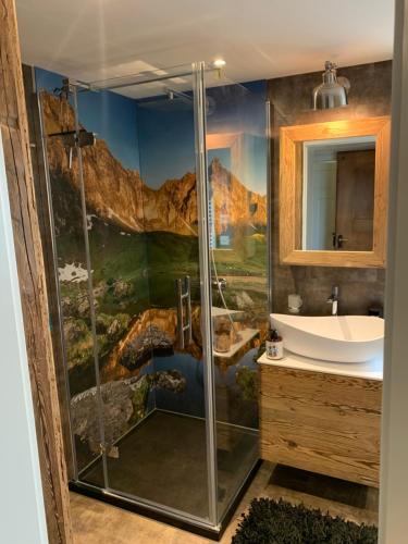 a bathroom with a shower and a sink at Allegra Appenzell in Trogen