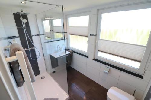e bagno con doccia, servizi igienici e lavandino. di Appartementhaus-Kogge-Wohnung-8 a Cuxhaven