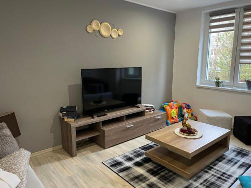 a living room with a large flat screen tv at Ubytovanie pod štítmi Vysokých Tatier in Tatranska Strba