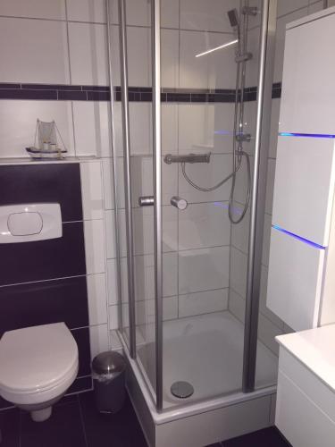 a bathroom with a shower and a toilet at 2 Zimmer Apartment am Europapark - auf Wunsch klimatisiert für 10,-Aufpreis pro Nacht in Rust