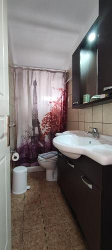 Un baño con lavabo, inodoro y cortina de ducha. en Kapetanos Rooms, en Naxos Chora