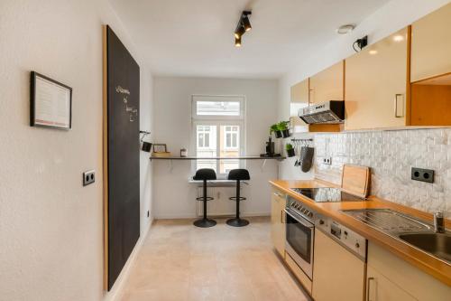 eine Küche mit einer Spüle und einer Arbeitsplatte in der Unterkunft Levax Living - Cozy - Clarapark - citynah in Leipzig