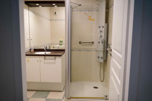 La salle de bains est pourvue d'une douche et d'un lavabo. dans l'établissement Grand appartement lumineux 4 pers. / vue mer / Wifi inclus, à Quiberon