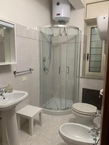 a bathroom with a shower and a toilet and a sink at Casetta Genneria in Seùlo