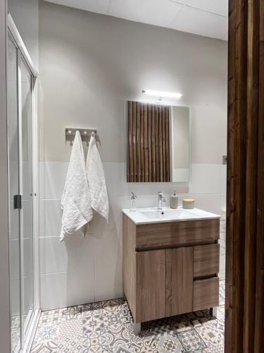 a bathroom with a sink and a shower at CASA BASELGA Apartamento in Barbastro