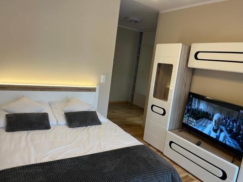 a bedroom with a large bed with a flat screen tv at Apartament Garbary 84 in Poznań