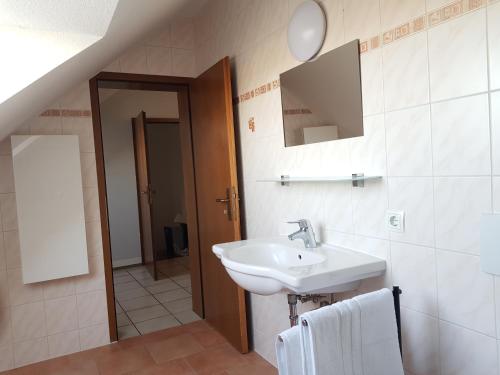 a bathroom with a sink and a mirror at Beautiful 3 rooms apartment 110 m2, kostenloser Parkplatz, großer Balkon in Heßdorf