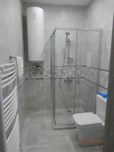 uma casa de banho com uma cabina de duche em vidro e um WC. em Апартамент Нова Дружба 2 em Sófia