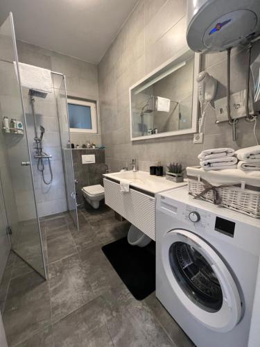 a bathroom with a sink and a washing machine at River Luxury House in Bihać