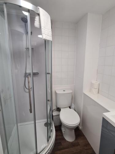 uma casa de banho com um WC e uma cabina de duche em vidro. em Northumberland Hotel em Edimburgo