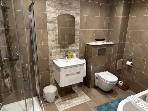 a bathroom with a shower and a toilet and a sink at 1 Island View in Portrush