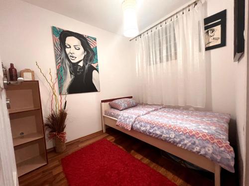 - une chambre avec un lit et un tapis rouge dans l'établissement Apartment Centar, à Sarajevo