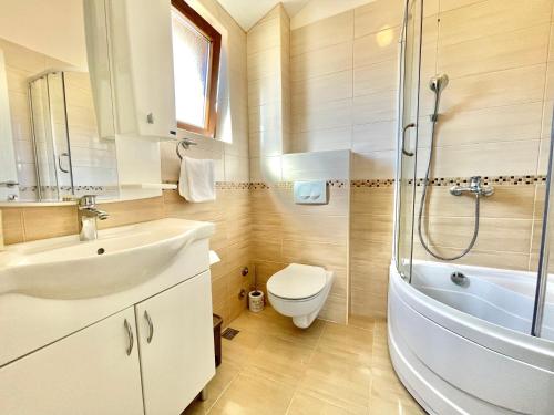 a bathroom with a sink and a toilet and a shower at Villa Serenity Budva in Budva