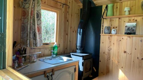 a kitchen with a sink in a wooden cabin at Willowdene shepherds hut in Oswestry