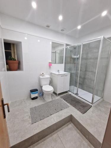 uma casa de banho branca com um WC e um chuveiro em Alojamento Local Private Accommodation em Lisboa