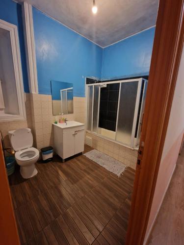 Un baño azul con inodoro y lavabo. en Alojamento Local Private Accommodation, en Lisboa