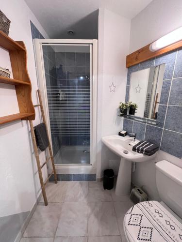 a bathroom with a sink and a shower at L'Astazou "PRÊT gracieux du matériel de SKI" au studio in Luz-Saint-Sauveur