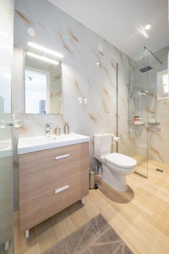 a bathroom with a toilet and a sink and a shower at True Home in Sfakerá