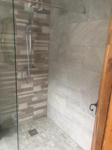 a bathroom with a shower with a glass door at Derry City center townhouse in Derry Londonderry